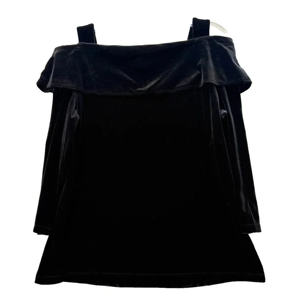 NWT Size Medium‎ Susan Graver Black Velvet Off Shoulder Stretch 3/4 Sleeve Top